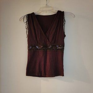 Brown top with Lace Sequins S blouse T-shirt Blouse Ribbon shoulder drawstrings